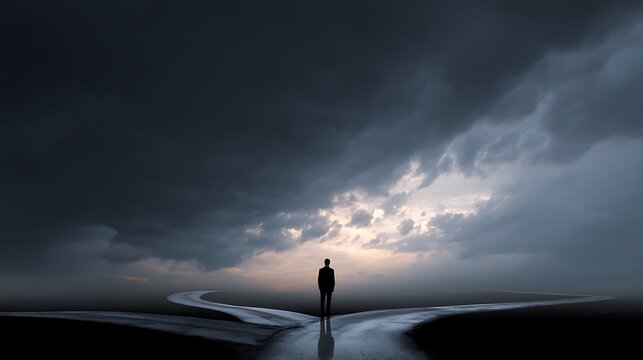 Silhouette standing at crossroads with multiple uncertain paths under shifting skies, symbolizing navigating change with mental fortitude, moody yet hopeful tone 