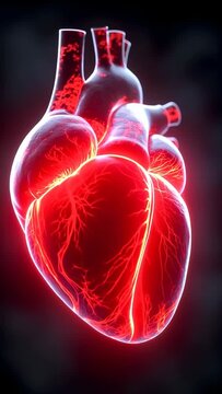 Human heart with glowing arteries and veins highlighting blood circulation on a dark background. Concept of cardiology and human anatomy. Vertical video