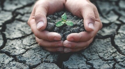 Close-up of hands gently holding a fragile seedling growing from cracked earth, metaphor for personal growth and adaptability in uncertain times, soft natural light 