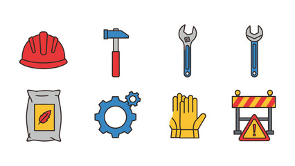 Construction Icons: A collection of construction tools and safety equipment essential for any construction project, including a hardhat, hammer, wrench, cement bag, gear, gloves, and caution sign. 