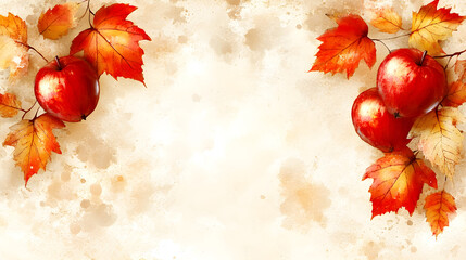 Apples and autumn leaves arranged symmetrically on a light background creating a border image