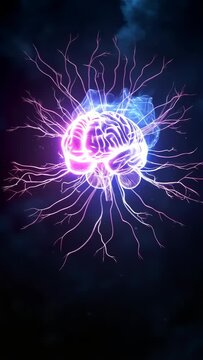 A glowing purple human brain is floating in space with electric energy patterns surrounding it. Concept of neural network and artificial intelligence. Vertical video