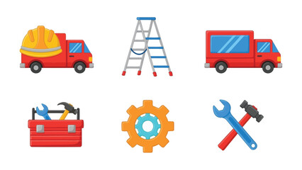  Construction and Maintenance Icons: A collection of vibrant icons representing various tools and equipment used in construction and maintenance. The image features a red truck with a hard hat.