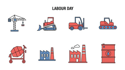 Labor Day Construction Icons: A vibrant collection of construction icons, perfect for celebrating Labor Day. This illustration showcases essential tools of the trade.