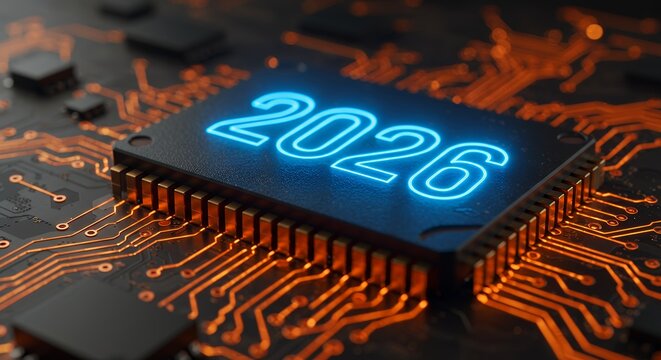 Year 2026 Text Glowing in Blue Neon on Modern Microchip, Concept of Future Technology Trends and Upcoming Hardware Releases in 2026