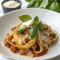 Gourmet pasta dish served on a white plate.
