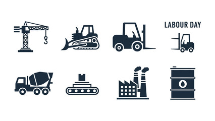 Labor Day industrial icons: An array of detailed vector icons depicting various industrial elements against an unobtrusive backdrop, ideal for conveying industry-related themes