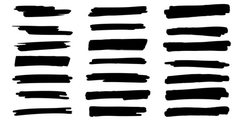 Marker or brush stroke set. Black handdrawn paint lines. Collection of simple dirty free hand stripes for grunge designs. Vector illustration isolated on a white background in flat style