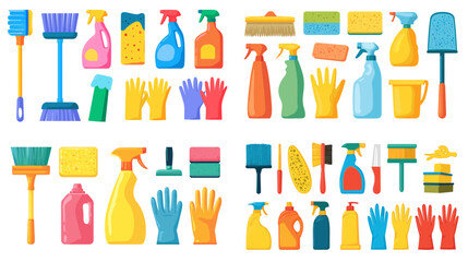 Illustration of cleaning tools and supplies including broom, spray bottle, sponge, gloves, and detergent. Colorful household cleaning set.