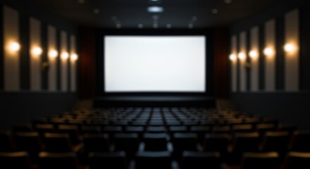 Obraz premium Defocused Interior of a Luxury Movie Theater with Symmetrical Wall Lights and Seating for Film Festival and Cinema Advertisement Backgrounds