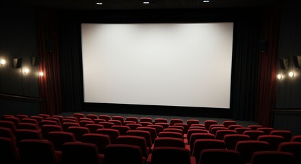 Obraz premium Wide Angle View of Empty Cinema Hall with Vibrant Red Velvet Seats and Large Blank White Movie Screen for Film Festival Advertisement and Media Mockup