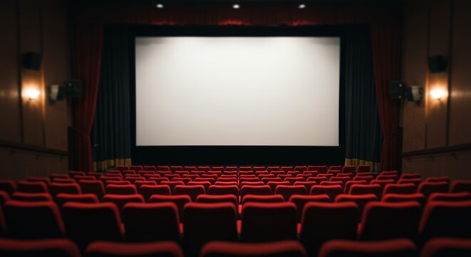 Front View of Red Theater Seats in a Dimly Lit Cinema Auditorium with Large White Projection Screen and Decorative Red Curtains for Movie Premiere Background