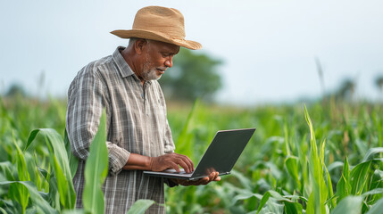Hispanic senior farmer with laptop in green corn field, using modern technology for farming and agricultural data collection. Modern technology and innovation in agriculture. Field data collection.
