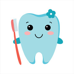Cute Tooth Cartoon with Toothbrush Vector Art