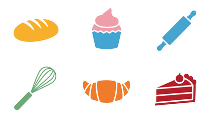 Baking essentials collection: A vibrant assortment of essential baking elements, including bread, cupcake, rolling pin, whisk, croissant, and cake, arranged to showcase the joy of the culinary art.