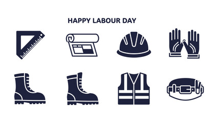 Labor Day Construction Icons: A minimalist illustration features a grid of essential construction tools and safety equipment.