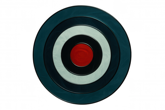 Red, black, white and teal concentric circles forming a round target on a transparent background