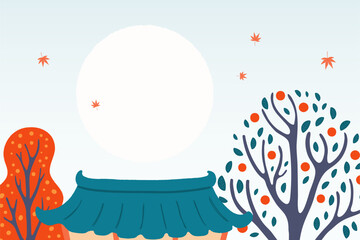 Rural Korean landscape, scene with traditional house hanok roof, persimmon, autumn trees, leaves, full moon. Chuseok background, backdrop, design elements. Hand drawn flat vector illustration