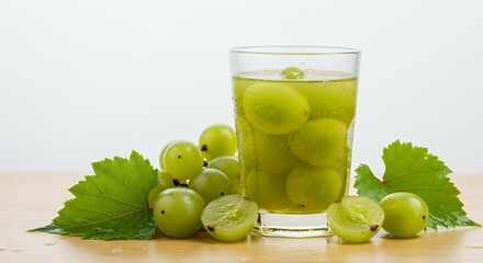 Freshly Squeezed Green Grape Juice in Glass with Large Bunch of Grapes and Sliced Fruit on Wooden Table for Healthy Diet Concept