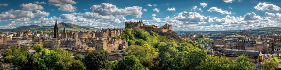 Obraz premium Panoramic View of Edinburgh Castle Overlooking the City Skyline of Scotland's Historic Capital