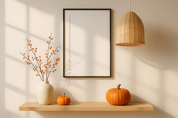 Autumn Shelf Decor with Pumpkins and Blank Frame