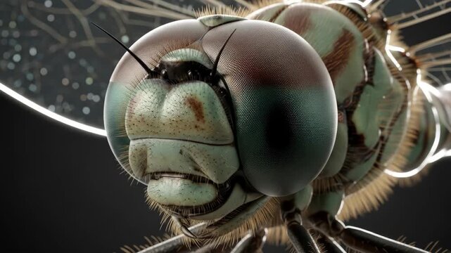 Closeup of dragonfly head in motion highlighting intricate details and patterns