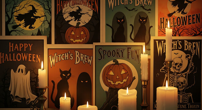 A halloween display with posters of witches, cats, pumpkins, ghosts, skeletons, and candles lit ai generated
