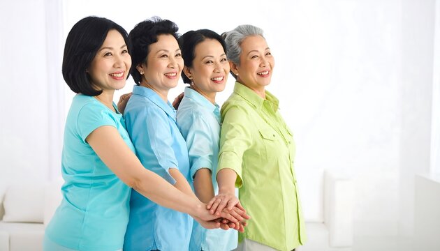 Four women smiling and holding hands together.