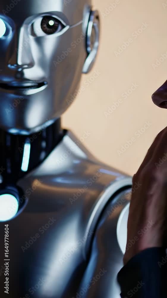 Poster human interacting with futuristic robot in close-up view