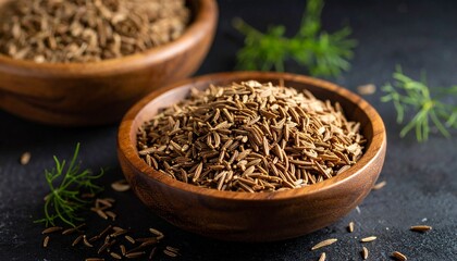 Cumin &ndash; Cumin seeds in a wooden plate next to whole cumin pods