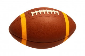 Photorealistic 3d rendering spinning american football, yellow stripes, white laces, transparent isolated background