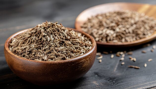Cumin &ndash; Cumin seeds in a wooden plate next to whole cumin pods