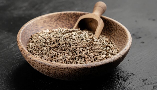 Cumin &ndash; Cumin seeds in a wooden plate next to whole cumin pods
