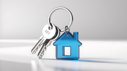 Silver Keys With Blue House Shaped Keychain On White Background home