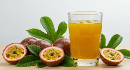 Fototapeta premium Passion Fruit Juice in Glass with Ripe Purple Passion Fruits and Lush Green Leaves on Wooden Table for Tropical Summer Beverage Concept