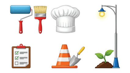 Mixed Tools and Objects Composition: A vibrant, detailed flat illustration, showcasing a diverse collection of objects - paint roller, paintbrush, chef hat, clipboard, traffic cone, trowel.