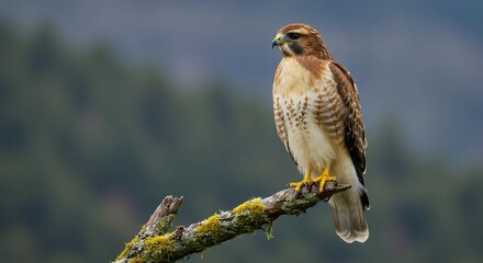Fototapeta premium Close-up of Broad-winged Hawk perched on branch against green forest, side view of majestic bird of prey in wild habitat, nature and wildlife photography.
