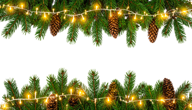 Isolierte Tannenzweige mit Lichterkette – festliche Weihnachtsdekoration