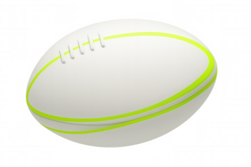 Rugby ball spinning, white with green stripes, 3d rendered on transparent background, highlighting sports graphic design potential