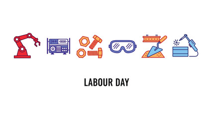 Labor Day Elements Illustration: A vibrant illustration celebrating Labor Day, featuring key symbols of the industry and work