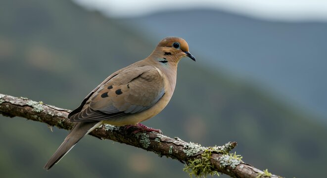 Wild Mourning Dove Sitting on a Lichen-Crusted Branch Overlooking a Hazy Mountain Range, Side Profile of Zenaida Macroura