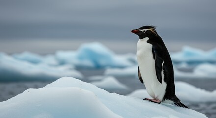 Obraz premium Southern Rockhopper Penguin with yellow crest feathers standing on white ice, Eudyptes chrysocome profile shot in a polar seascape with blurred icebergs.