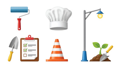 Assorted Tools: This image features a collection of tools, including a roller, chef hat, shovel, clipboard, traffic cone, and streetlamp.