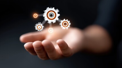 Executive hand hovering below floating system settings gears, symbolizing strategy and performance, captured in realistic focus with high-resolution DSLR photography.