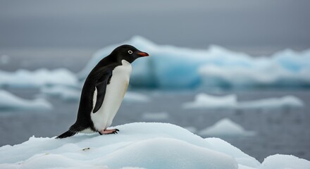 Fototapeta premium Adélie Penguin with white eye ring and red beak standing on a snowy ice floe, Pygoscelis adeliae in a vast Antarctic polar landscape with icebergs.