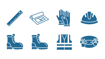 Construction Safety Gear Icon Set: A collection of construction safety equipment icons, representing essential items like safety boots, hard hats, and protective gloves.