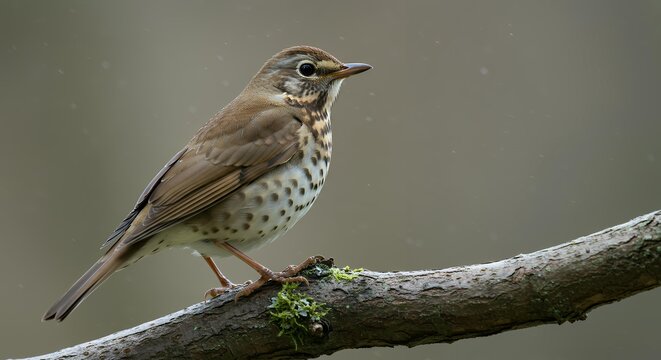 Song Thrush Bird Captured During Light Rain Perched on a Branch, Atmospheric Wildlife Photography Showing Texture of Wet Feathers and Nature