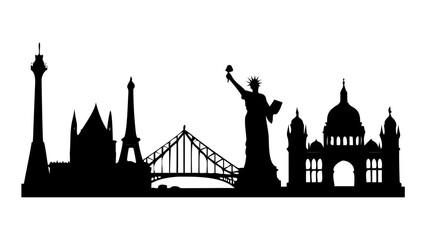 Fototapeta premium Landmarks silhouette skyline with statue of liberty eiffel tower bridge and victoria memorial cityscape design
