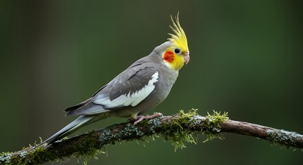 Fototapeta premium Grey Cockatiel with Yellow Crest and Orange Cheek Perched on Mossy Branch, Nymphicus Hollandicus Bird Portrait