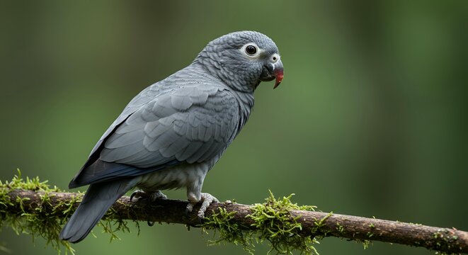 African Grey Parrot Perched on Mossy Branch in Natural Forest Environment, Timneh Grey Parrot with Red Tail Feathers Close-up